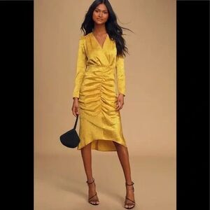 Ronnie Yellow Snake Print Jacquard Ruched Long Sleeve Midi Dress Medium